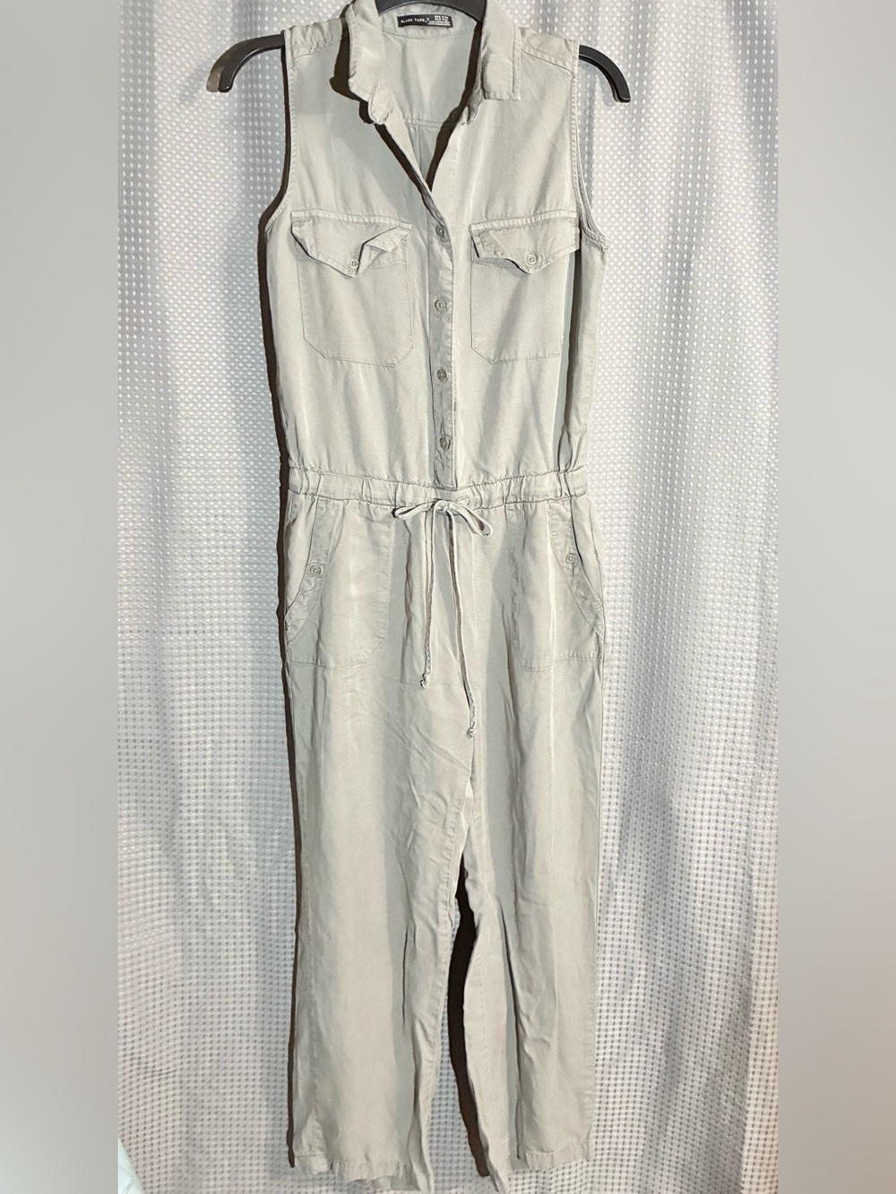 Black Tape Utility Jumpsuit Sz P/XS Light Green Flap Pockets Tie Stretch Waist